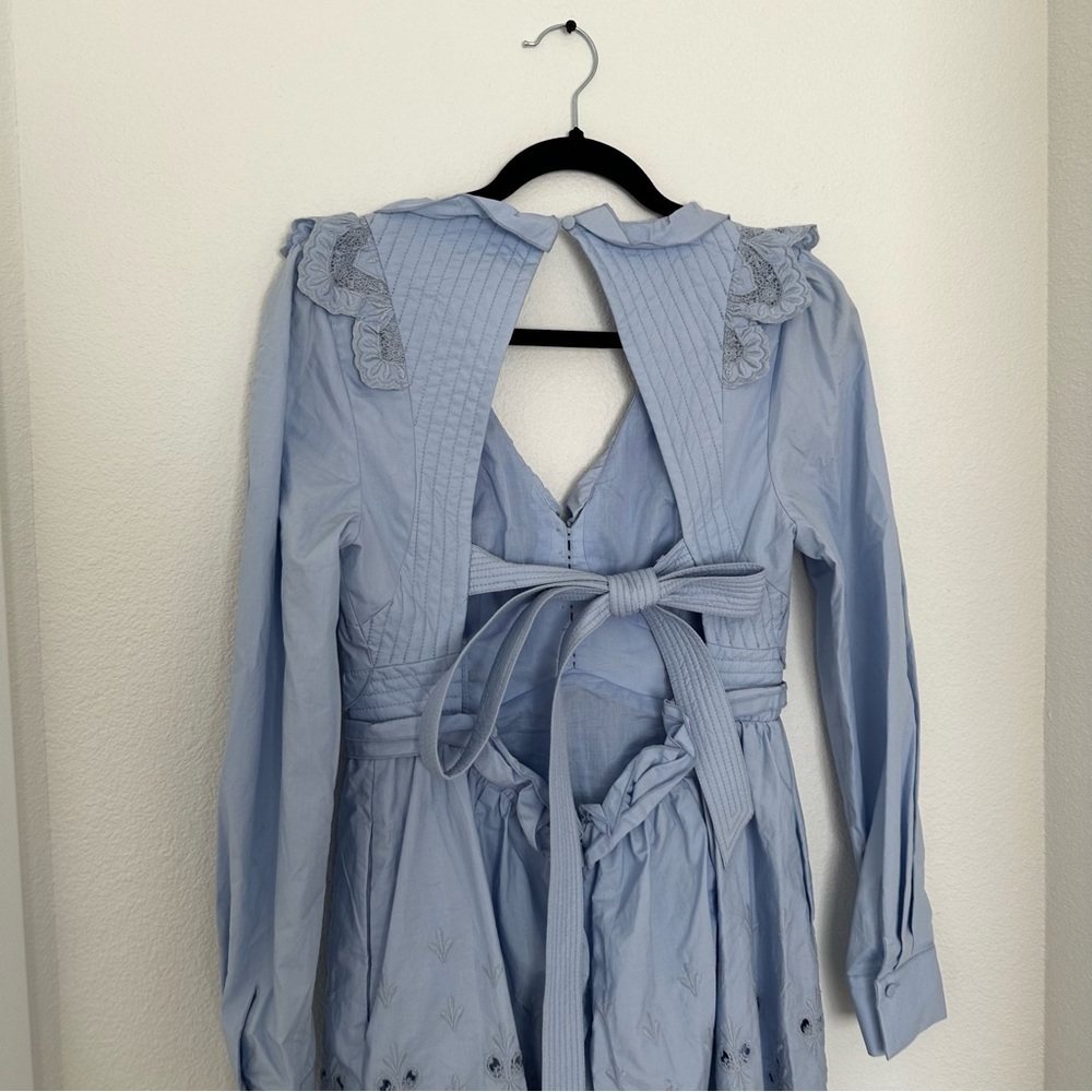 Self-Portrait Cotton Broderie Mini Dress Light Blue Open Back Size 6 Women’s - Picture 5 of 14